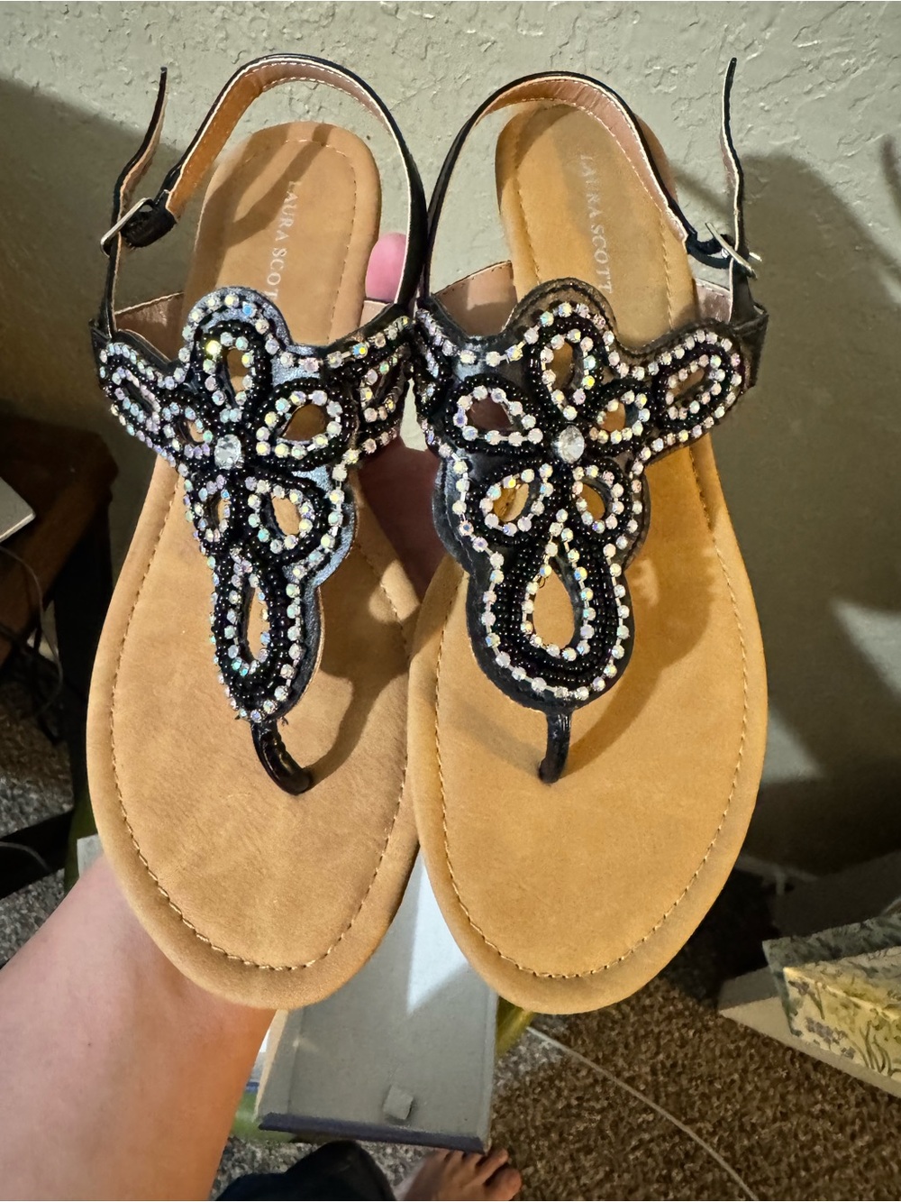 Laura Scott Black Jeweled T-Strap Sandals